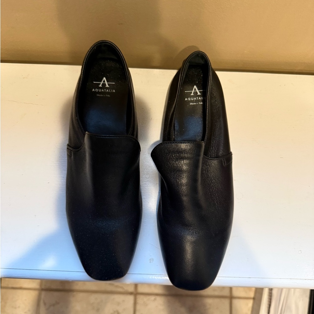 Aquatalia Black Leather Slip-On Loafers for women